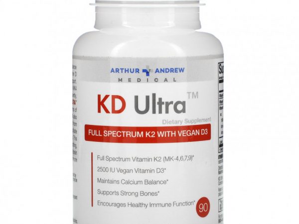 Arthur Andrew Medical, KD Ultra, полный спектр K2 с веганским витамином D3, 90 капсул