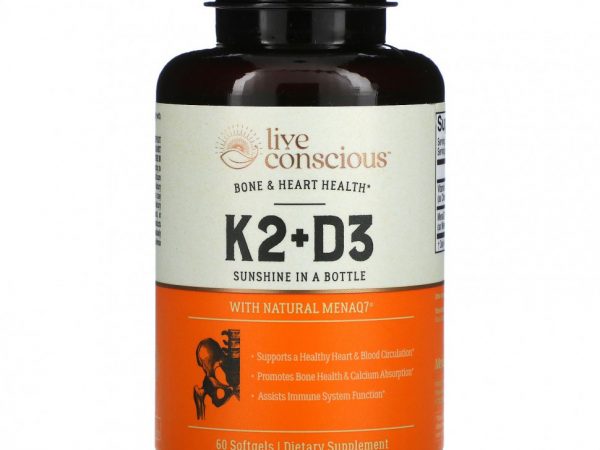Live Conscious, K2 + D3, здоровье костей и сердца, 60 мягких таблеток