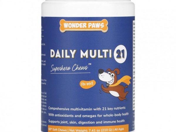 Wonder Paws, Daily Multi 21, Superhero Chews для собак, для всех возрастов, 60 жевательных таблеток, 210 г (7,41 унции)