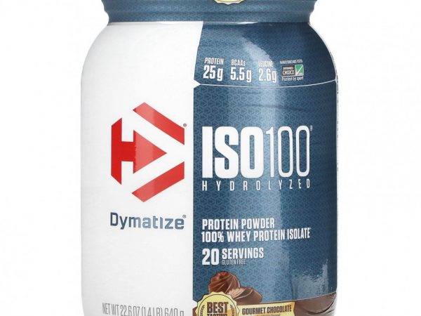 Dymatize, ISO100, гидролизованный, 100% изолят сывороточного протеина, шоколад для гурманов, 640 г (1,4 фунта)