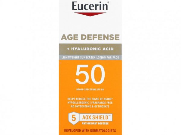 Eucerin, Age Defense, легкий солнцезащитный лосьон для лица, SPF 50, без отдушек, 75 мл (2,5 жидк. Унции)