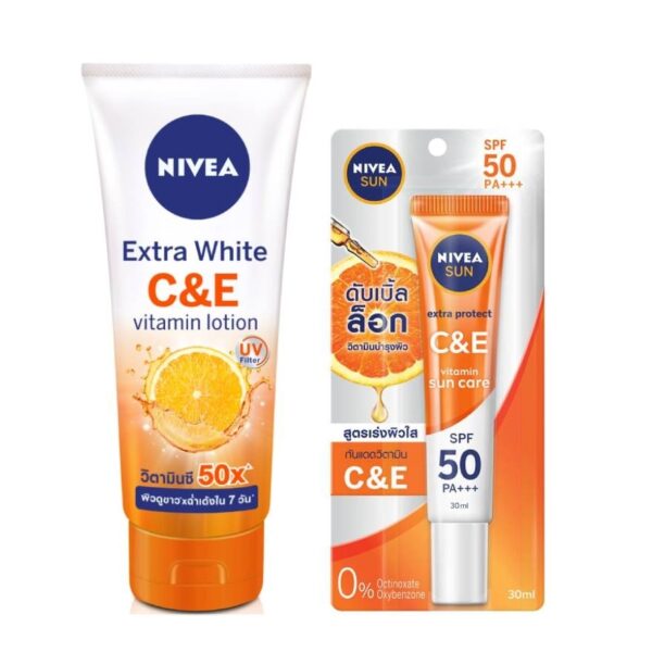 Nivea Extra White CE Vitamin Lotion 320 Ml.+Nivea Sun Extra Protec CE Serum SPF50+ PA Оригинал